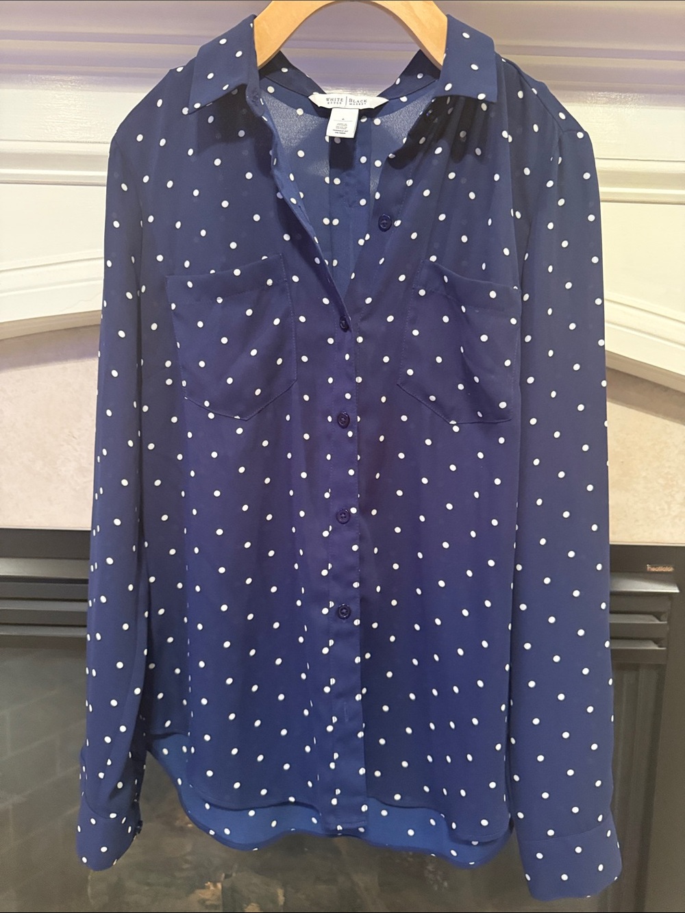 White House Black Market Navy Blue Polka Dot Button-Up Blouse